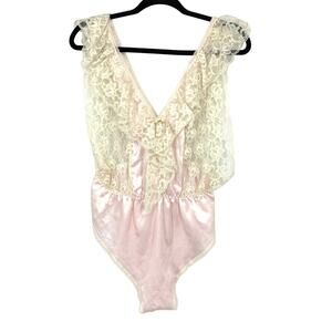 Vintage Lily Of France Bodysuit Pink Satin Cream Lace Womens Sz Medium